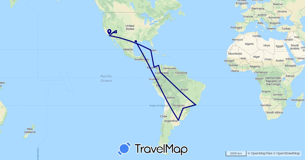 TravelMap itinerary: driving in Argentina, Brazil, Colombia, Cuba, Panama, United States (North America, South America)